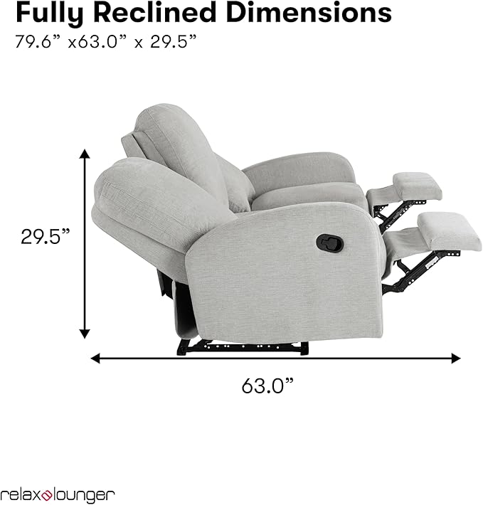 Relax-A-Lounger® Palmdale 79.6" Rocker Manual Pull-Handle Sofa Recliner, Soft Modern, Pocket Coil Comfort, Black Metal Base Leg, Soft Chenille Fabric, Light Gray