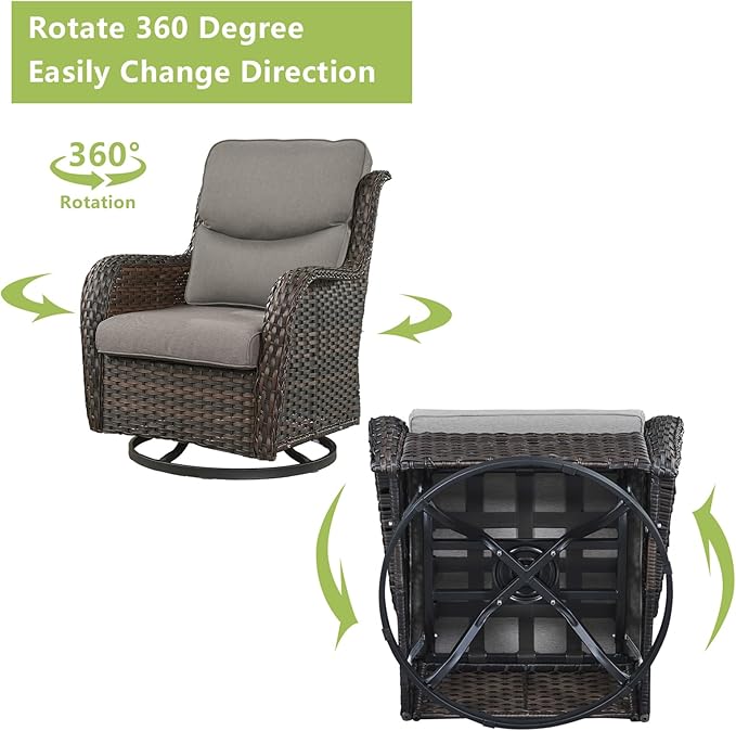 Rilyson Wicker Rocking Chair Swivel Chairs - 3 PC Rocker Patio Furniture Set Rattan Rocking Bistro Sets with Glass Top Side Table for Outdoor Porch Deck Garden Backyard (Brown/Grey/Smile)