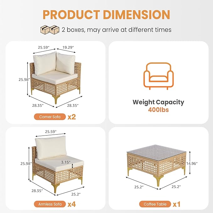 FHFO Oversized Patio Furniture Set, 7-Piece Wicker Patio Sectional Sofa Couch, Rattan Outdoor Conversation Set with Thick Cushion & Tempered Glass Coffee Table for Porch, Backyard, Yellow/Beige