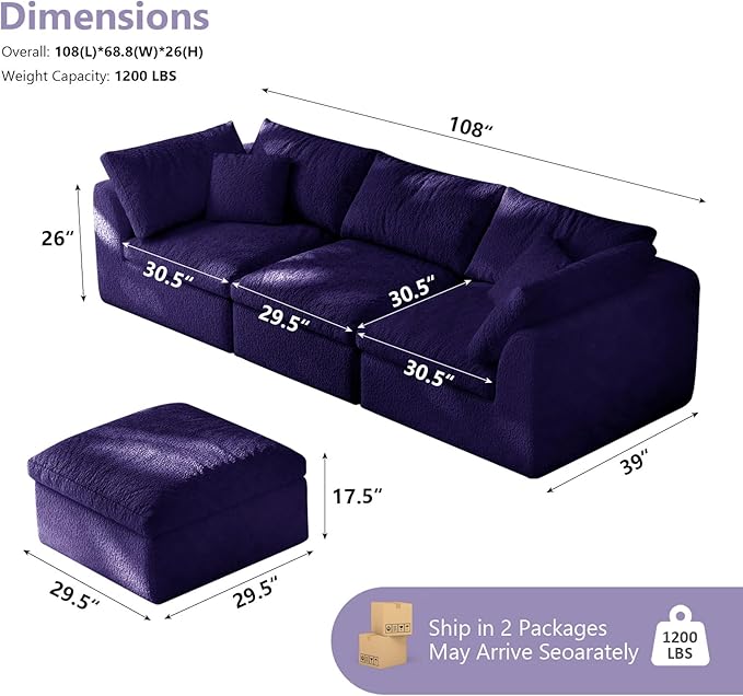 108" Modular Sectional Sofa Boneless Cloud Couch for Living Room, L Shape Deep Seat Recliner Sofa with Ottoman, Adjustable Backrest & 2 Throw Pillows - Covers Washable, (Purple, 3 Seater+1 Ottoman)