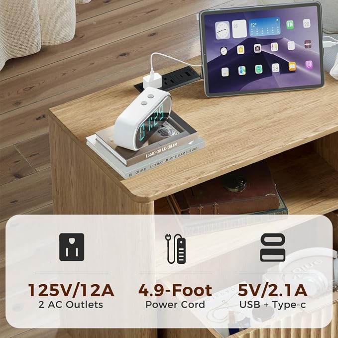 Evermagin Fluted Nightstand with Charging Station, Natural Oak Bedside Table with Drawer and Storage, Wood End Table Mid Century Modern, Large Night Stand for Bedroom - Image 6