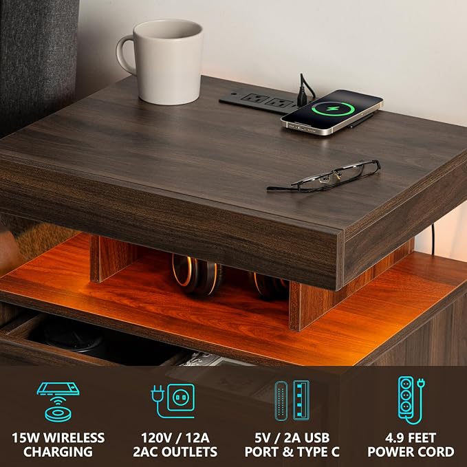 HOMMPA LED Nightstand Set of 2, Night Stand with Wireless Charging Station & USB Ports, High Gloss Bedside Table with LED Light Adjustable Brightness, Smart Nightstand 2 Drawers for Bedroom Walnut - Image 4