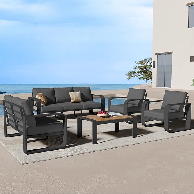 Aluminum Outdoor Patio Furniture Set, 5 Piece Oversized Patio Conversation Sets Widened Armrest & Ultra-Thick Cushions, Heavy Duty Modern Sectional Furniture for Backyard, Porch, Graphite