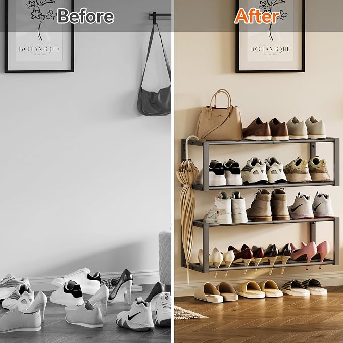 Homeiju Hanging Shoe Organizer,2 Pack Wall Mounted Shoe Rack Holds 12 Pairs,Space Saving Metal Wall Shoe Rack,Hanging Shoe Rack Shoe Holder for Small Space,Entryway,Closet,RV,Camper (Grey) - Image 6