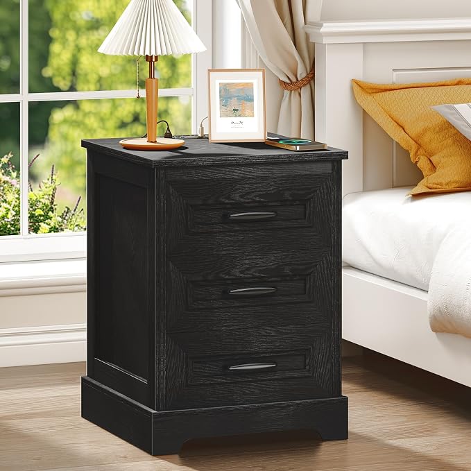Farmhouse Nightstand with Charging Station, Wood Night Stand with 3 Drawers, Bedside Table, Nightstands with Storage, Rustic Night Stands for Bedroom, Closet, 18" Wide, 24" Tall - Image 3