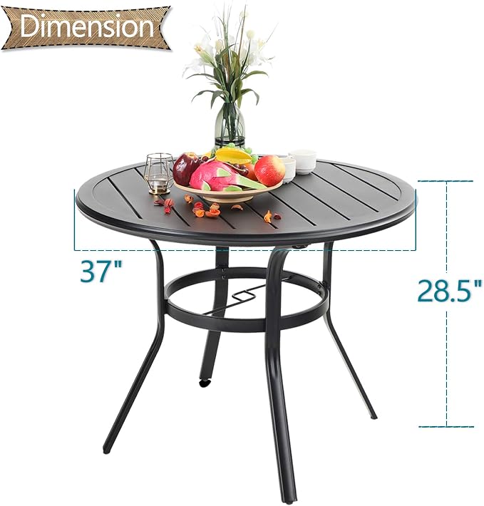 PHI VILLA 38 Inch Outdoor Round Dining Table, Metal Wrought Iron Slat Patio Table with 1.87" Umbrella Hole for Garden, Backyard and Porch (Black) - Image 3
