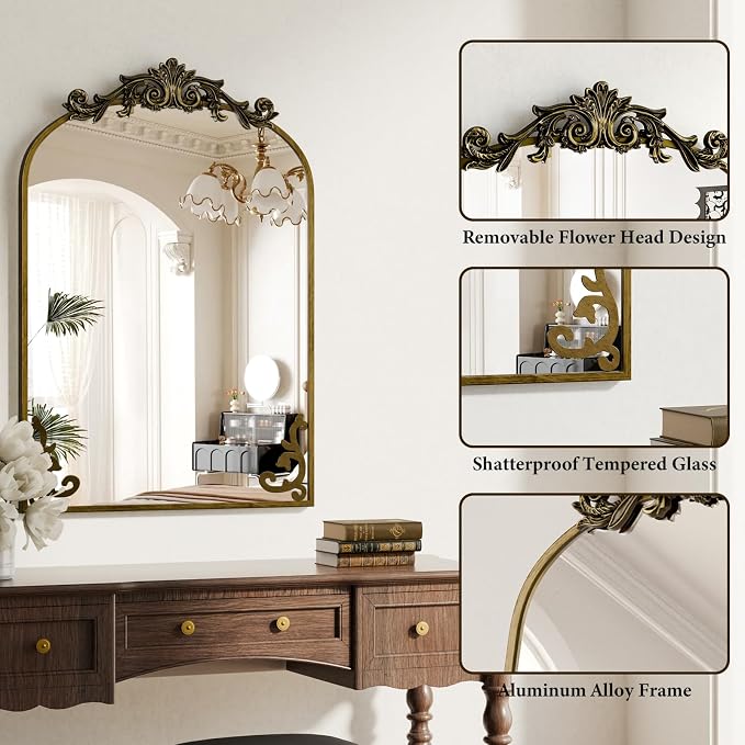 Koonmi Vintage Mirror, 30x40 Antique Decorative Mirrors with Flower Head, Bronze Ornate Mirror for Wall, Tempered Glass, Baroque Mirrors for Bathroom Living Room Fireplace Entryway - Image 4