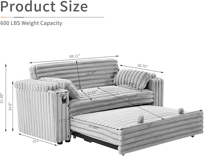 Eafurn 3 in 1 Convertible Sleeper Sofa Bed Recliner Daybed,Corduroy Upholstered Pull Out Couch Bed w/USB & Type C Port, Oversized Futon Loveseat w/Adjustable Backrest &Cup Holder for Living Room