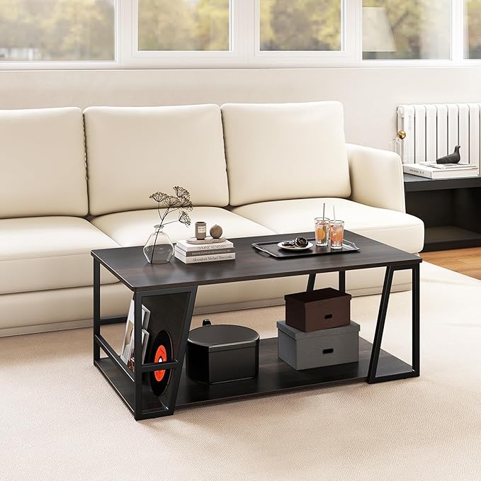 Giantex Modern Coffee Table with Storage, 2-Tier Rustic Wood Center Table with Shelf, Compartment, Metal Frame, Rectangular Geometric Living Room Table for Apartment (Espresso)