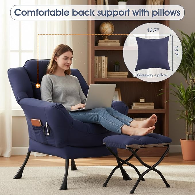Lazy Chair with Ottoman, Large Accent Chair with Ottoman and a Throw Pillow, Navy Reading Chair for Living Room Bedroom Dorm Room Office Apartment Relaxing Use