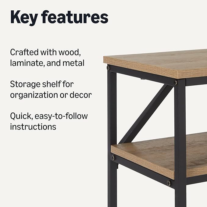 Amazon Basics Rectangular Console Table with Storage Shelf, Steel Frame, Oak Finish, 39.4"W x 31.5"H x 11.8"D