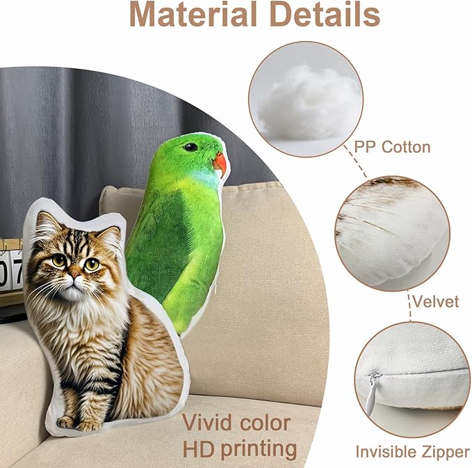Custom Pet Pillow with Picture, Personalized Photo Dog Cat Face Shaped Pillow, Customized Stuffed Animal Pictures Pillows Memorial Loss Sympathy Gifts - 16"