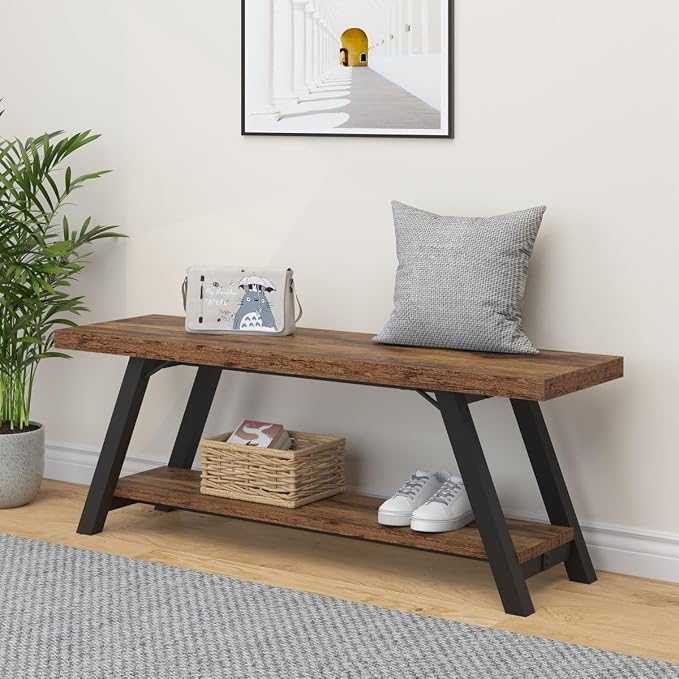 LVB Wood Bench, Industrial Storage Entryway Indoor Bench for Bedroom Hallway Living Room, Rustic Famhouse Wooden Metal Shoe Rack Accent Foyer Bench Seat for Entrance Sitting, Rustic Brown, 47 in Long - Image 3