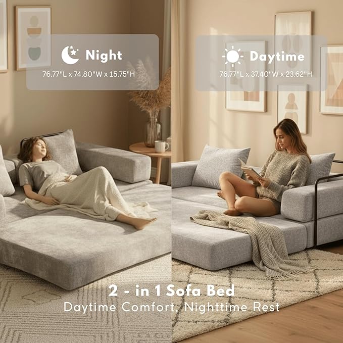 4-in-1 Folding Convertible Sofa Bed, 77" Floor Couch with Pillow - Chenille Fabric & High-Density Sponge & Fixed-Shape Frame, Modular Sofa for Living Room/Lounge/Studio, Light Grey
