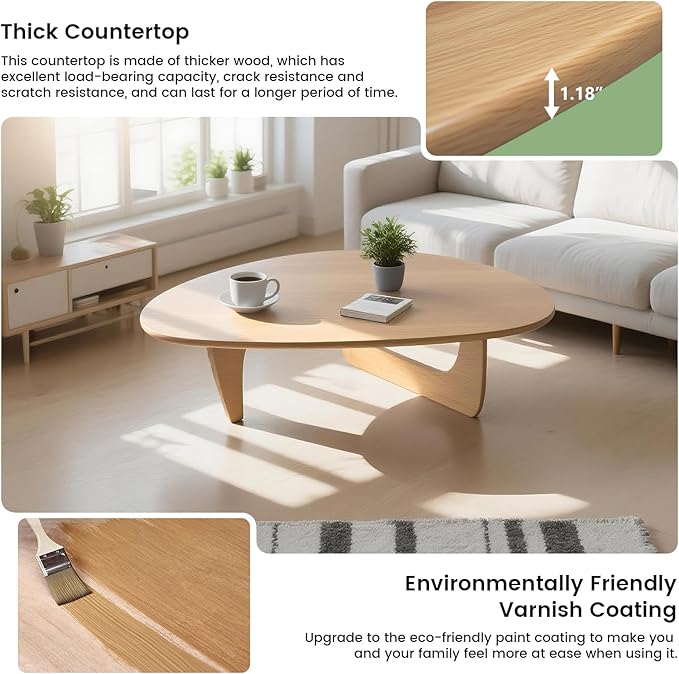 Solid Wooden Modern Triangle Coffee Table: Unique Funky Coffee Tables for Living Room, Oval Mid-Century Irregular Abstract Tea Tables for Patio Office Balcony Bedroom (Natural, 43" L x 31" W x 16" H)