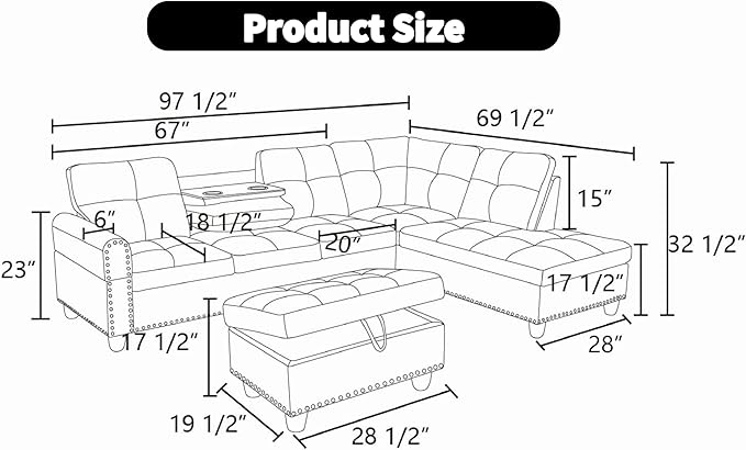 Sectional Couches for Living Room, Convertible 4 Seat Modular Sectional Sofa Set for Living Room, L Shaped Couch or U Shaped Couch with Storage Ottoman for Apartment, Orange