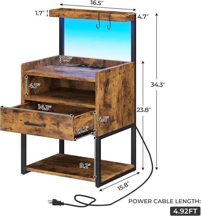 VIAGDO Rustic Brown Nightstands Set of 2 with Charging Station and LED Lights, LED Night Stand Set 2 with Drawer, Rustic End Side Table with Open Storage Shelves, Bedside Tables for Bedroom, Office - Image 2