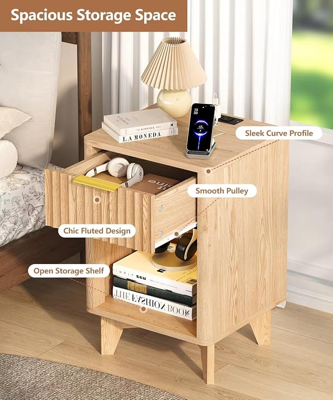 Fluted Nightstand Set of 2, Wooden Night Stand with Charging Station and LED Light, Modern Mid Century End Table with Drawer, Bedside Table for Bedroom, Natural Oak - Image 4