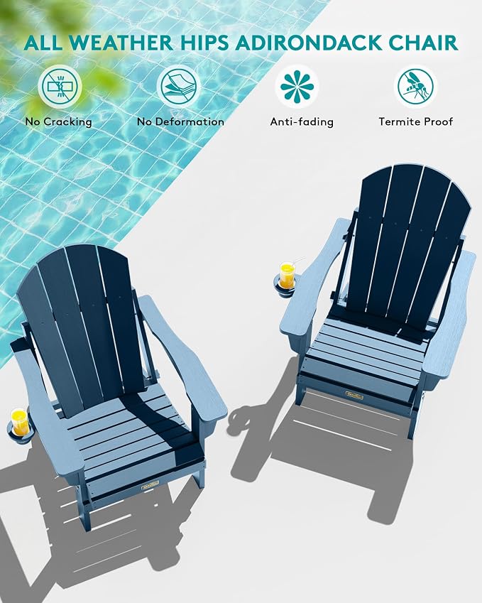 SERWALL Folding Adirondack Chair Outdoor Adirondack Chairs with Cup Holder, Weather Resistant Fire Pit Chairs for Patio - Blue - Image 8