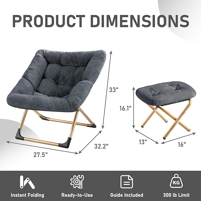 Youtanic Comfy Oversized Saucer Chair with Ottoman,Soft Faux Fur Reading Lounge Chair for Adults,Stable X-Large Metal Frame and Non-Slip Pad,Cozy Chair for Bedroom, Living Room, Dorm, Dark Gray