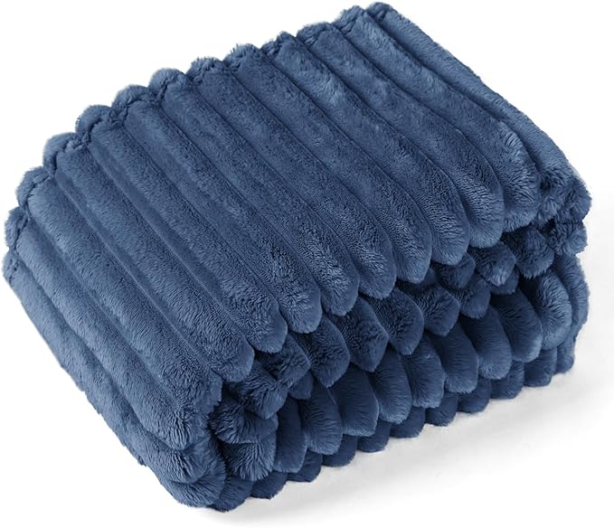 EXQ Home Fleece Blanket Twin Size for Couch or Bed - 3D Stripe Jacquard Decorative Blankets - Cozy Soft Lightweight Fuzzy Flannel Blanket Suitable for All Seasons(60"??80",Dark Blue)