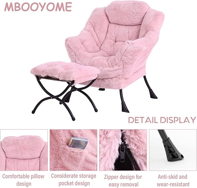 MBOOYOME Lazy Chair with Folding Ottoman, Modern Accent Lounge Armchair with Armrests and a Side Pocket & Foldable Footstool, Leisure Reading Chair for Living Room, Bedroom, Dorm & Office, Plush Pink