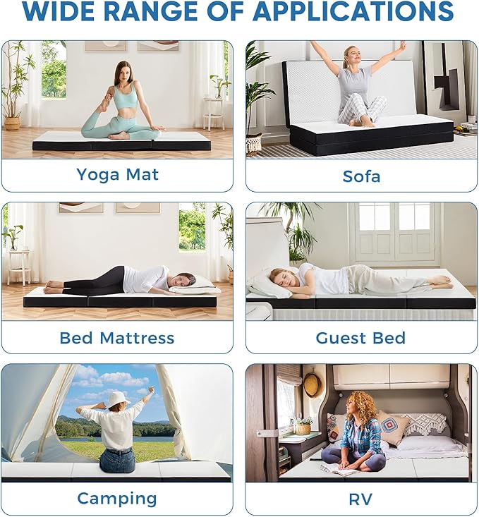 OLIXIS 4 Inch Queen Size Tri-fold Memory Foam Mattress, Foldable Portable Floor Bed with Washable Cover, CertiPUR-US Certified Collapsible Mat for Kids, Adults, Travel, Camping & Yoga