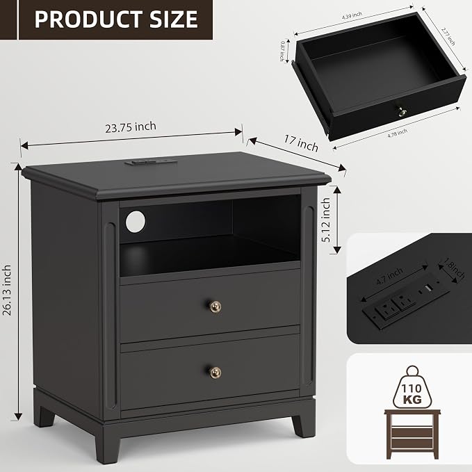 24" Wide Solid Wood Nightstand with Charging Station Set of 2, Farmhouse End Table with 2 Large Drawers & Open Shelf, Bedside Table with USB Ports and Outlets, Night Stand for Bedroom - Image 2