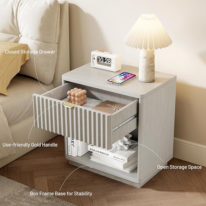 Night Stand, Nightstand with Drawers Bedside Table End Table, Modern Fluted Nightstand Bed Side Table for Bedroom Living Room (Gray) - Image 3