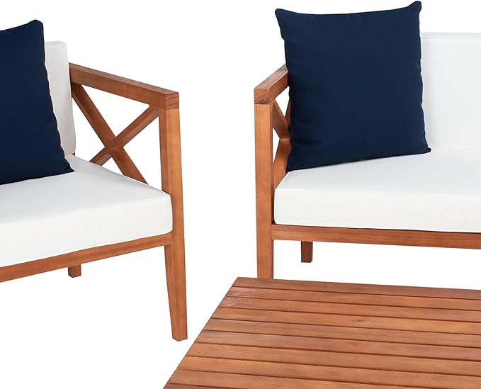 Safavieh PAT7031A Collection Nunzio Teak and White and Navy 4 Pc Accent Pillows Outdoor Set