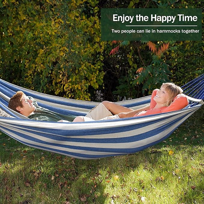 MOSFiATA Hammocks Portable Camping Hammock Upgraded 550lb Comfortable Fabric Hammock with Two Anti Roll Balance Beam and Sturdy Metal Knot Tree Straps for Camping, Patio, Backyard, Outdoor(Blue White) - Image 5