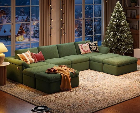 LINSY HOME 139" Modular Couch Modern Boneless Cloud Couch, U Shaped Sofa with Movable Ottomans, Deep Seat Corduroy Sectional Couches for Living Room, Apartment, No Assembly Required, Green