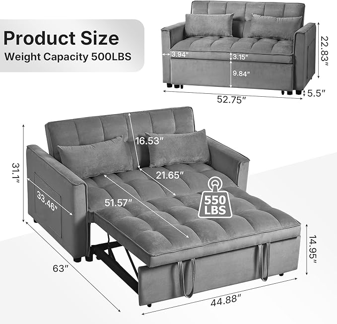 Rovibek 3 in 1 Sleeper Sofa Bed, 53'' Pull Out Couch Convertible Futon Loveseat with Adjustable Backrest, Velvet Sleeper Chaise Lounge Futon for Apartment Office Small Space, Dark Grey