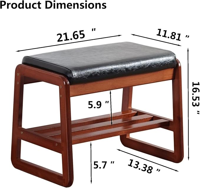 Solid Wood Shoe Bench, 2-Tier Wooden Entryway Bench, Modern Shoe Rack with Faux Leather Cushion for Hallway, Living Room (Black, 21.65'') - Image 2