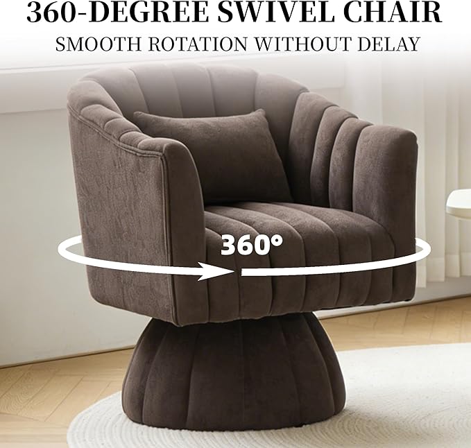ClinQ Swivel Barrel Chair with Pillow Set of 2, 360° Cloud Velvet Round Swivel Accent Chair, Upholstered Cuddle Reading Lounge Chair for the Living Room, Bedroom, Office, Brown-Vertical Stripes