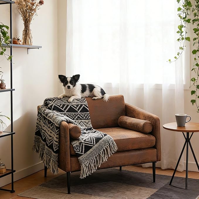 Karl home Mid-Century Club Chair 38.2" Living Room Sofa Oversized Bronzing Cloth Upholstered Accent Chair with Metal Legs for Living Room, Bedroom, Balcony, Apartment, Office, Brown