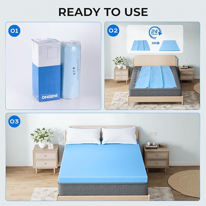 OhGeni Memory Foam Mattress Topper Pad, Soft Bed Cover with Anti-Slip Base, Size Queen, Style 2 Inch with Cover