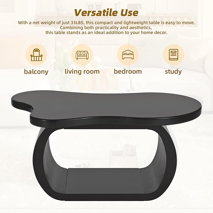 Merax Modern Cream Style Irregular Coffee Table with Round Edge & Shelf, Wood Cloud Accent Center End Tables for Living Room, Reception Room, Apartment, Easy Assemble, Black