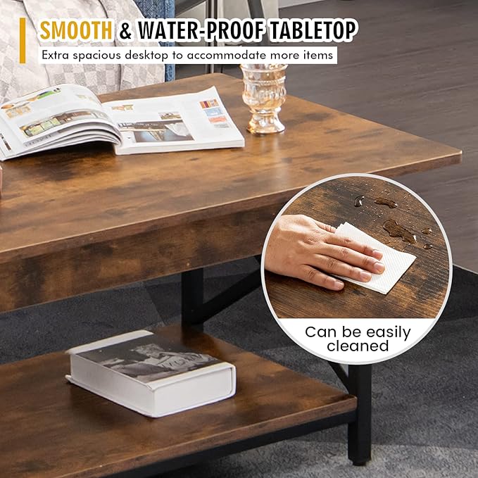 COSTWAY Industrial Coffee Table, 2-Tier Wood Cocktail Tea Table with Storage Shelf and X-Shape Steel Frame, Rectangle Sofa Side Accent Table for Living Room Home Office, Rustic Brown