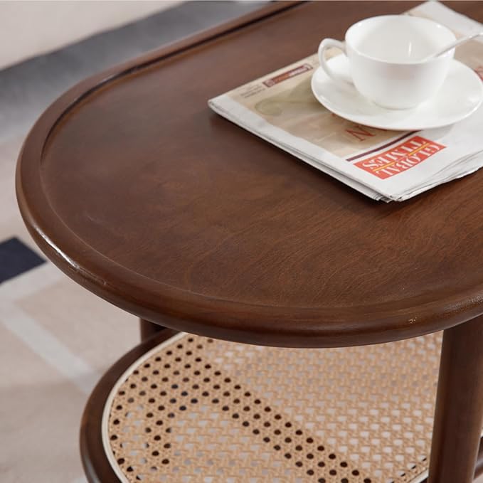 Walnut Rattan Coffee Table, 39.5" Oval Center Table with Storage Shelf, Modern 2-Tier Wood Side Table for Bedroom Small Space