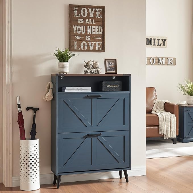 Barnyatoh Shoe Storage Cabinet,Farmhouse Shoe Organizer with 2 Flip Drawers & Barn Door Design,Freestanding Hidden Slim Narrow Shoe Rack Cabinet with Open Storage for Entryway, Foyer,Hallway,Navy Blue - Image 3