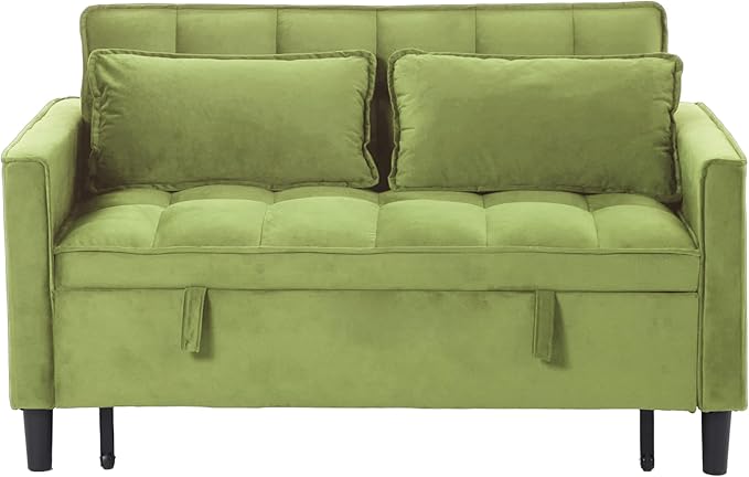 3 in 1 Convertible Sofa Bed, Love Seat Sleeper Bed with Side Pockets, Velvet Fabric Pull Out Couch with Adjustable Backrest for Living Room, Bedroom, Apartment, Olive Green