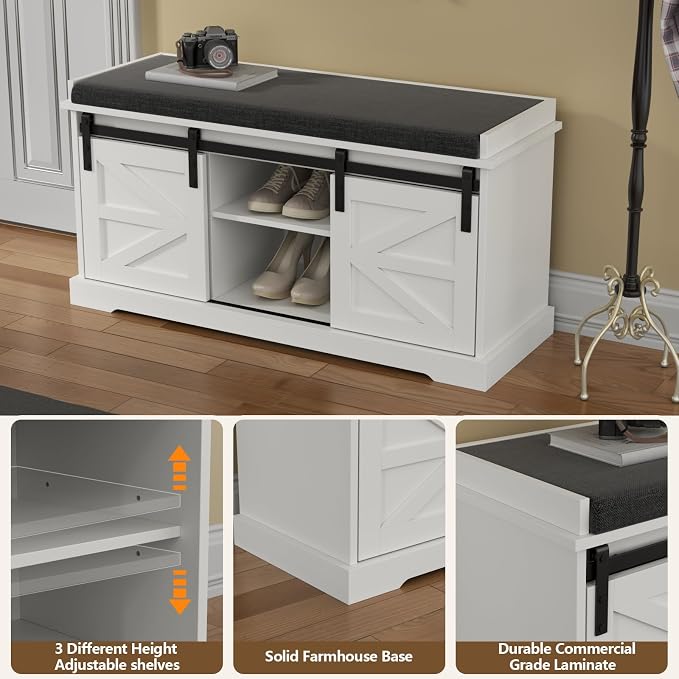 Loomie Shoe Storage Bench, 2-Tier Farmhouse Entryway Bench with Sliding Barn Door Storage Cabinets & Full Soft Removable Seat Cushion, Silm Shoe Rack with Shoe Cabinet for Entryway, Hallway, Bedroom - Image 6