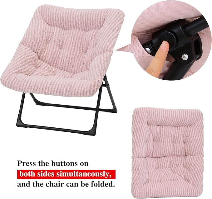 Comfy Saucer Chair for Adults, Soft Faux Fur Bedroom Chair, Accent Dorm Chairs, Flexible Living Room Reading Chairs, Oversized Folding Seat for Teens, X-Large, Stripe Pink