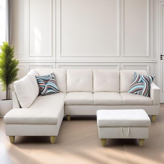 FONTOI L Shaped Sectional Couch Sofa, Modern Couches for Living Room, Comfy 4 Seat Modular Sectional Sofa with Ottoman Storage for Bedroom Apartment, White