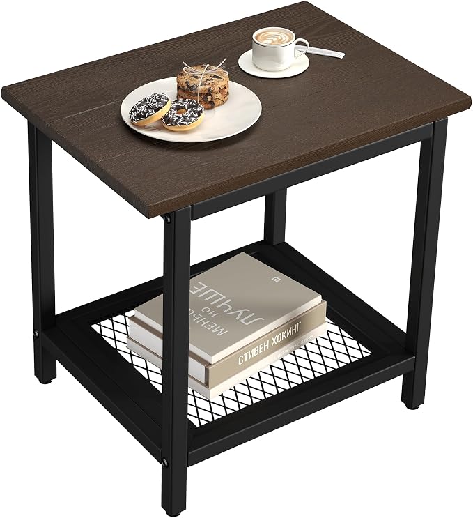 2-Tier Outdoor Side Table with Storage, Weather Resistant Patio End Table, HDPS Small Accent Table for Deck, Garden, Pool, Backyard, Brown by PyraLineHome