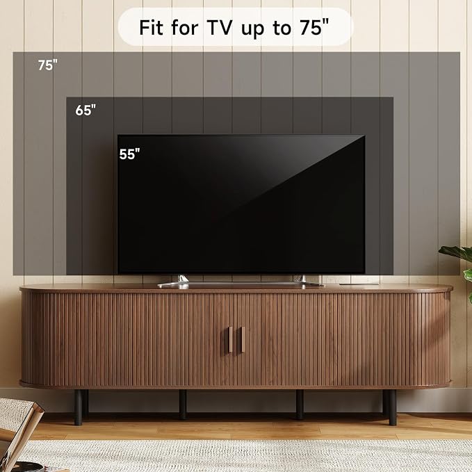 ONBRILL 70.8" TV Stand with Power Outlet for TVs up to 75 Inch, Entertainment Center with Storage and Adjustable Shelves, Modern Media Console with Sliding Doors for Living Room, Walnut - Image 5