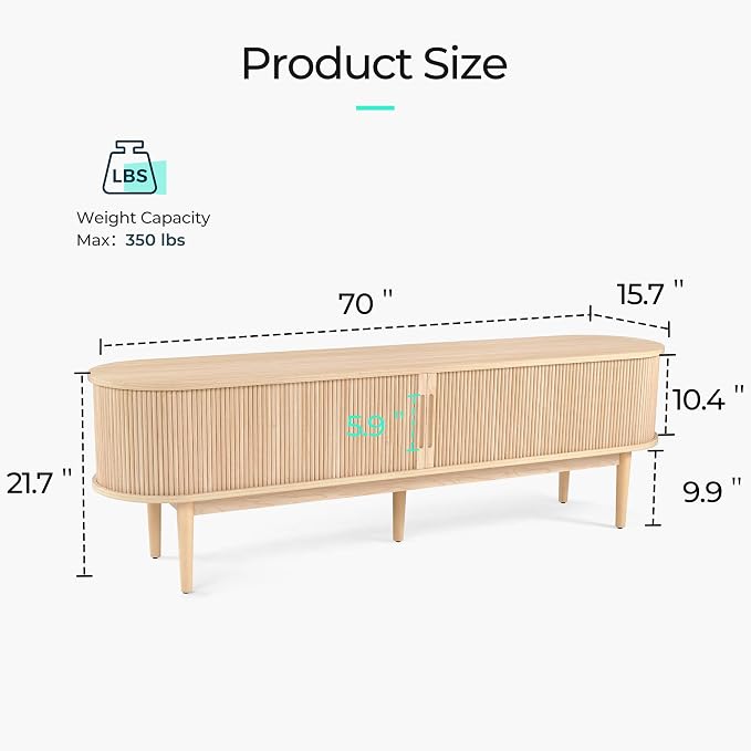 LINSY HOME Fluted TV Stand for 75" TV, Mid-Century Modern 70" Entertainment Center with Sliding Tambour Door and Storage Cabinet, Cruved TV Media Console Table for Living Room, Bedroom, Oak - Image 8