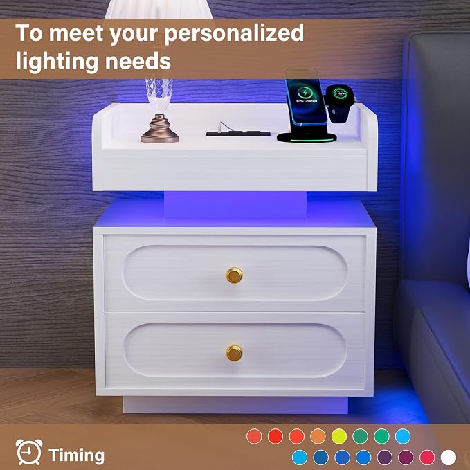 4ever2buy White Nightstand with Adjustable LED Lights and Charging Station Modern Bedside Table with 2 Drawers End Table for Bedroom - Image 4