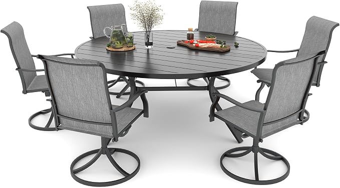Anmutig 7-Piece Outdoor Dining Set, 58'' Round Table with 6 Swivel Chairs All Weather Furniture Set - Grey Style1 by Anmutig
